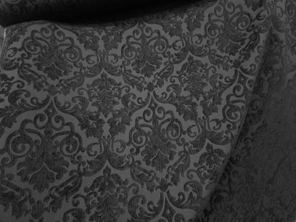Chenille Fabric Upholstery,  Damask Burnout Chenille Velvet ,Jacquard Damask, 54" wide, color Black/Black , sold by yard in continuous yards