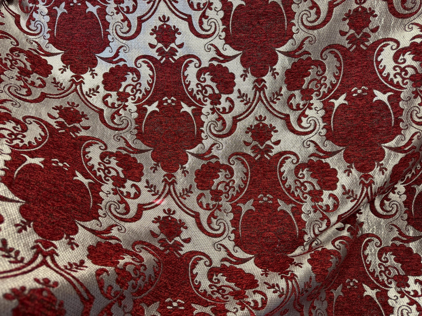 Chenille BAROQUE UPHOLSTERY Fabric Jacquard Damask, 58" wide ,color Red/Silver Reversible, sold by yard in continuous yards