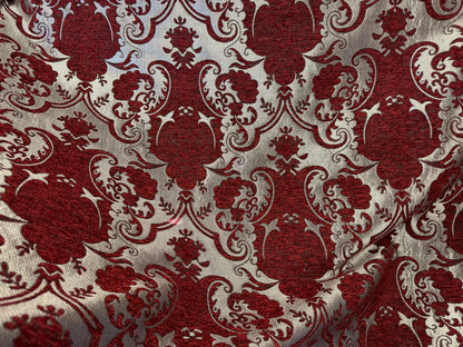 Chenille BAROQUE UPHOLSTERY Fabric Jacquard Damask, 58" wide ,color Red/Silver Reversible, sold by yard in continuous yards