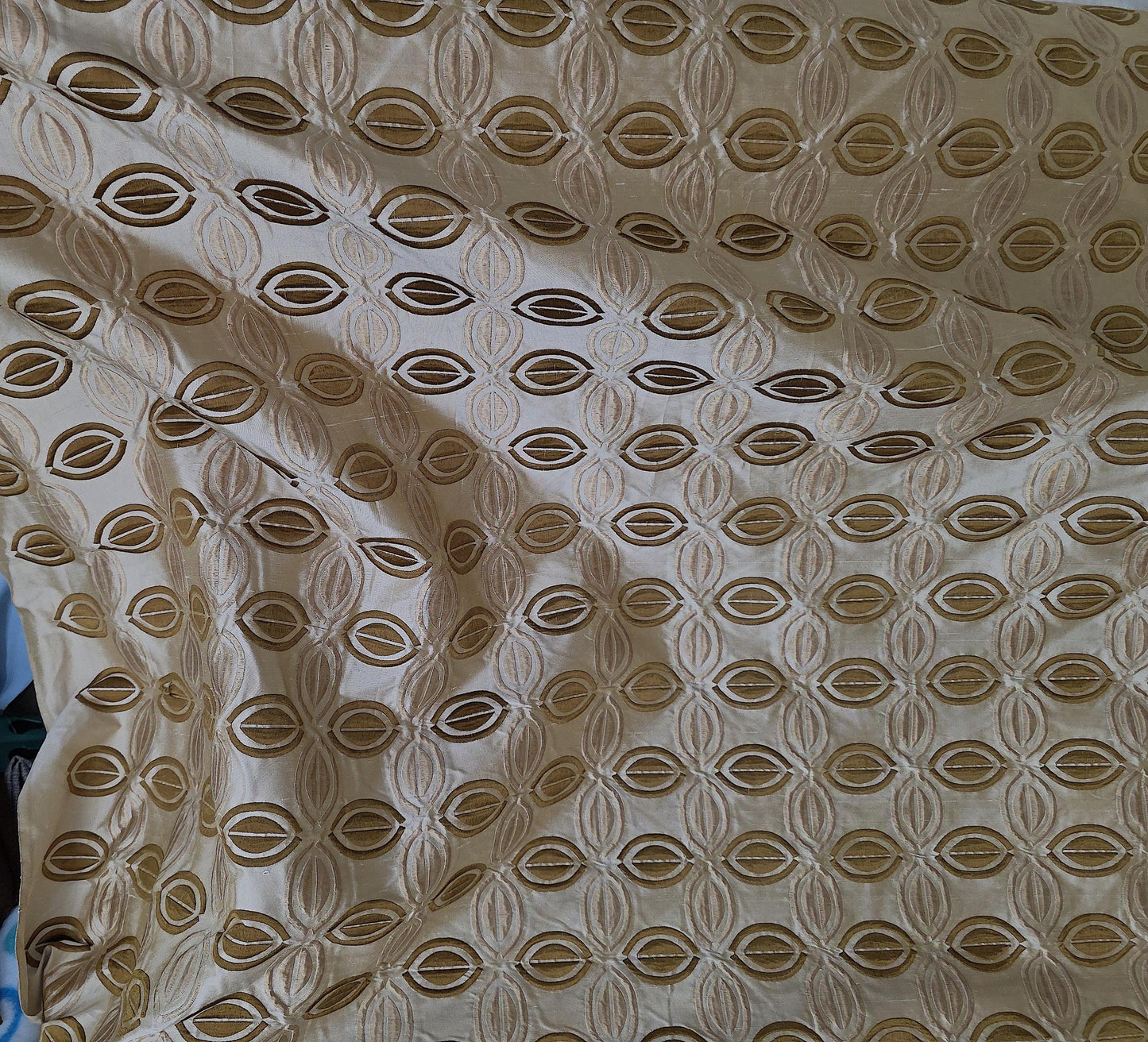 KRAVET, 100% Silk Taffeta Fabric Beige/Brown Embroidery, 54" wide, sold by yard