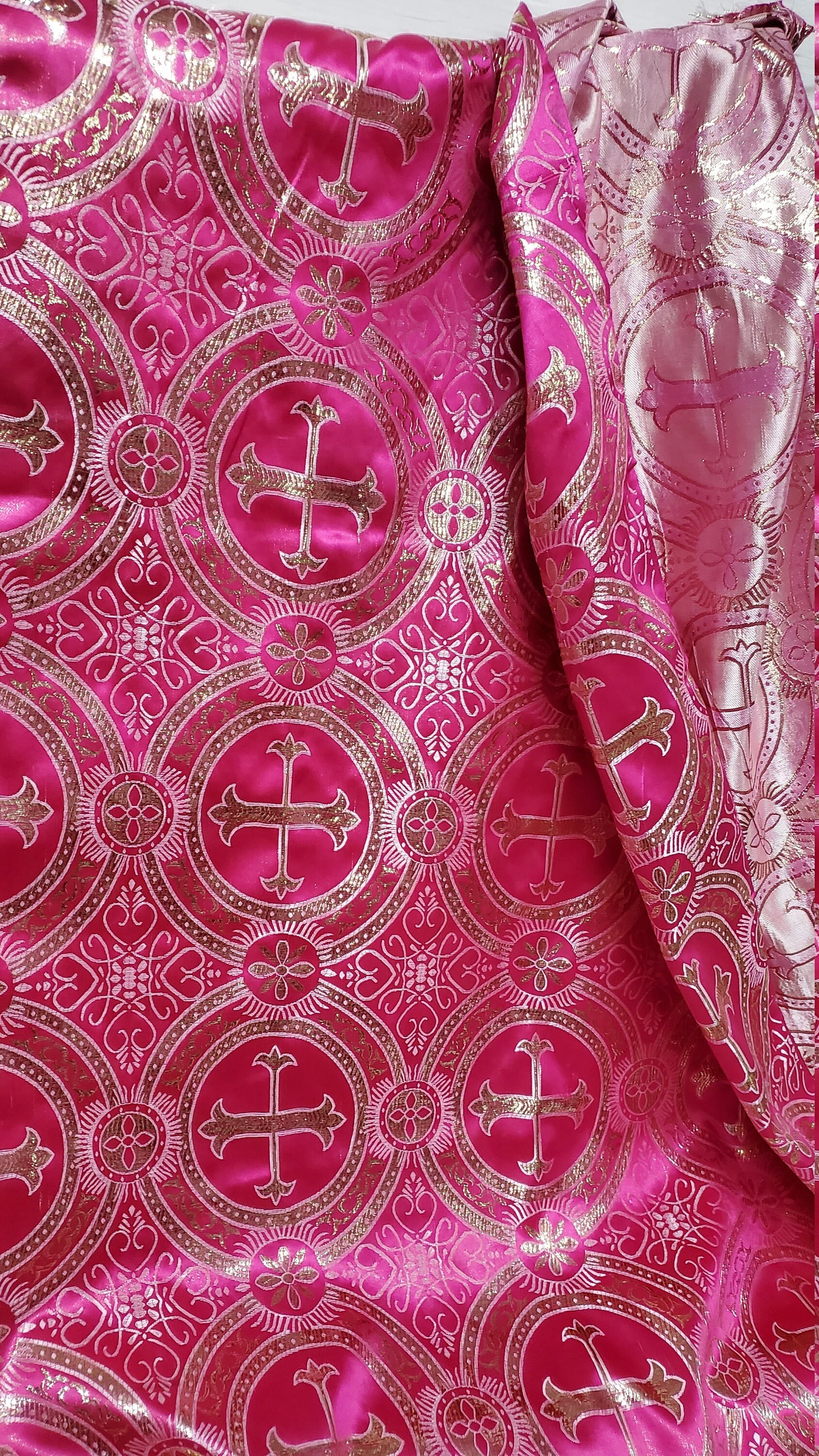 Liturgical Brocade,Church Gorgeous Cross acetatebrocade Fabric Cross Brocade Fuschia/Gold 52" Wide