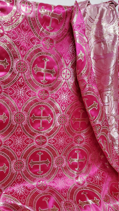 Liturgical Brocade,Church Gorgeous Cross acetatebrocade Fabric Cross Brocade Fuschia/Gold 52" Wide
