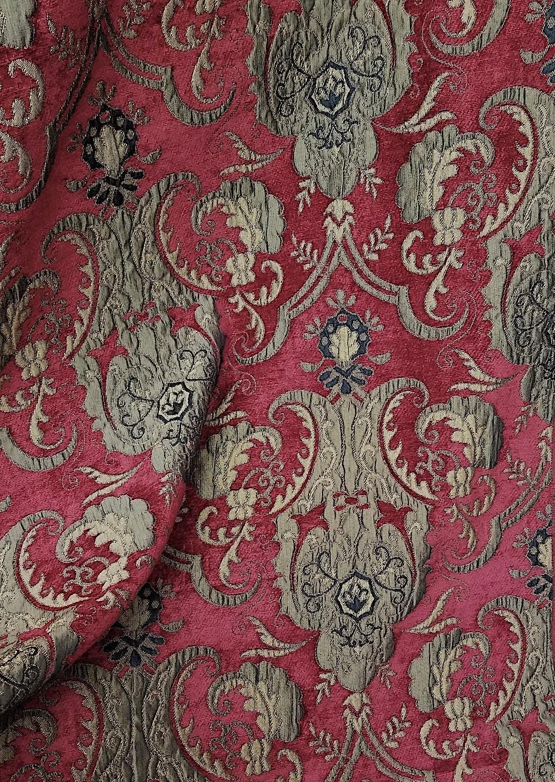 Chenille BAROQUE UPHOLSTERY Fabric Jacquard Damask, 58" wide ,color Red/Gold, sold by yard in continuous yards