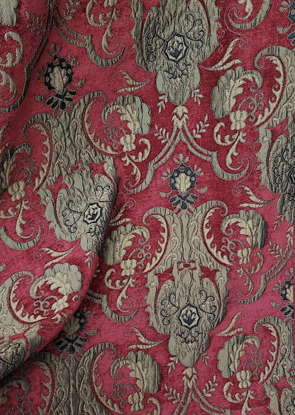 Chenille BAROQUE UPHOLSTERY Fabric Jacquard Damask, 58" wide ,color Red/Gold, sold by yard in continuous yards