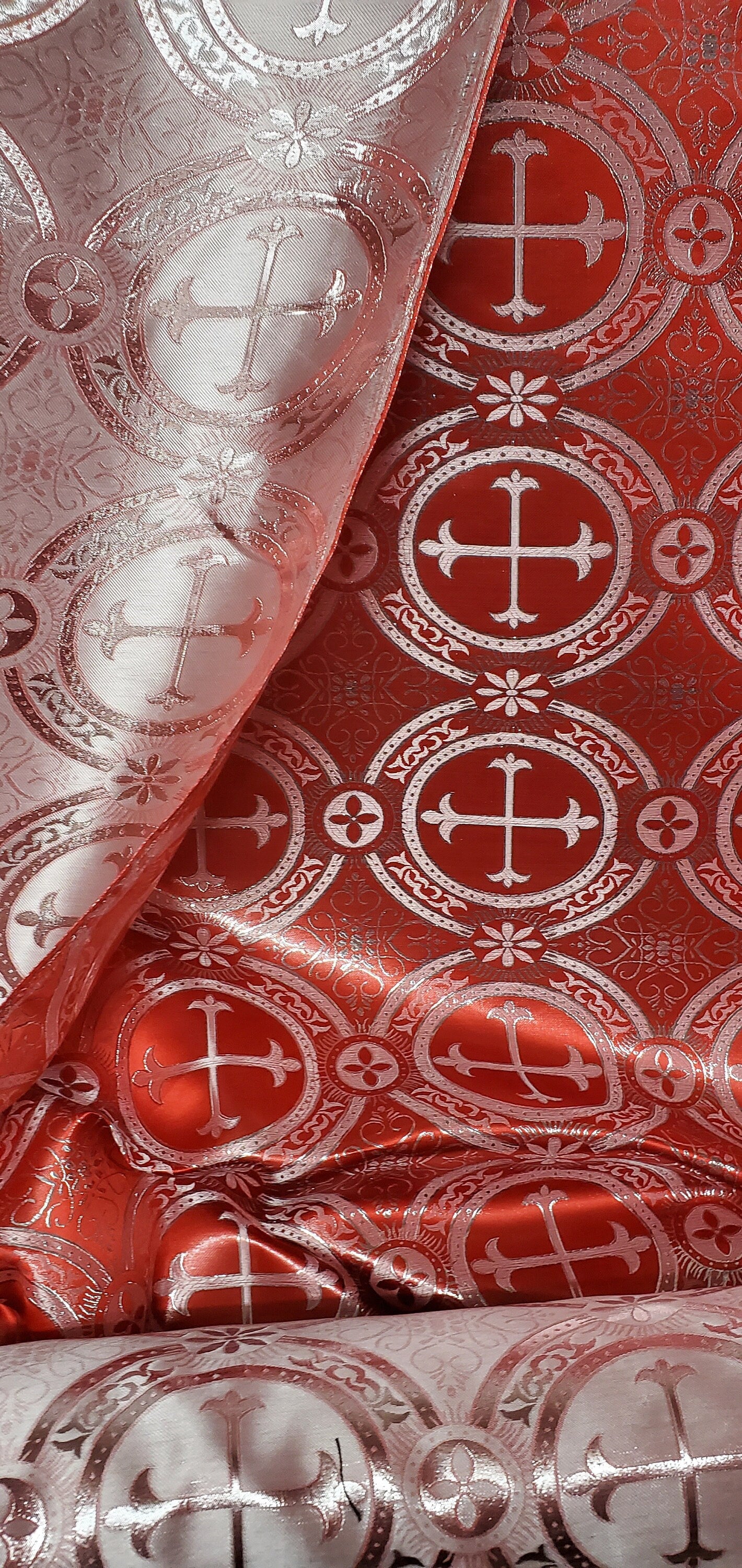 Liturgical Brocade,Church Gorgeous Cross acetatebrocade Fabric Cross Brocade Red/Silver  52" Wide