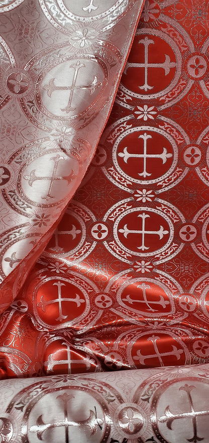 Liturgical Brocade,Church Gorgeous Cross acetatebrocade Fabric Cross Brocade Red/Silver  52" Wide