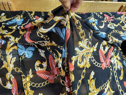 ad Power Mesh New chains with butterflies print on 4-way stretch mesh 58” Sold by the yard