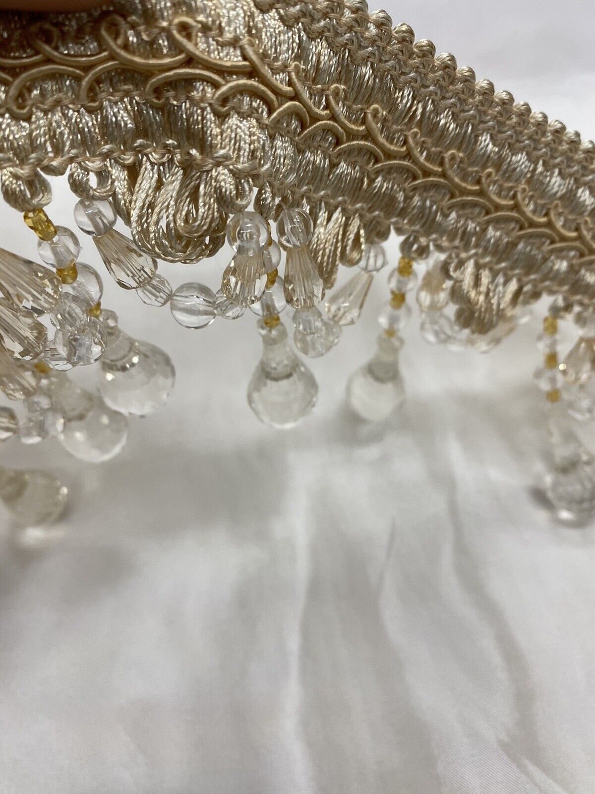 3.5” Tear Drop Beaded Trim Fringe Gimp Top Sold By The Yard Taupe / Clear Ivory Tassel Trim Fringe Fabric  for Decoration