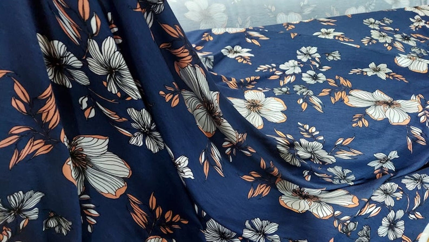 ad  poly Rayon fabric floral blue print 58/60 inches wide  sold by yard