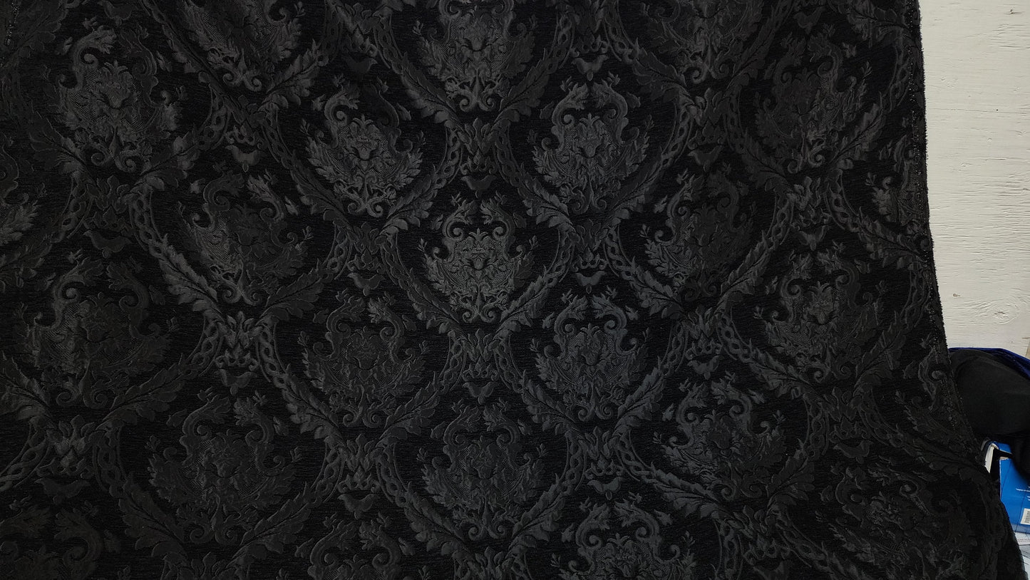 Damask tapestry chenille fabric - upholstery fabric, Black/Black - 56" width - sold by yard in continuous yards