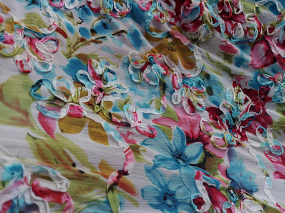 ad Poly Fabric Crinkle Chiffon Yuryo Beautiful Floral embroider Abstract  Ruffle multicolor. 58" wide sold by yard