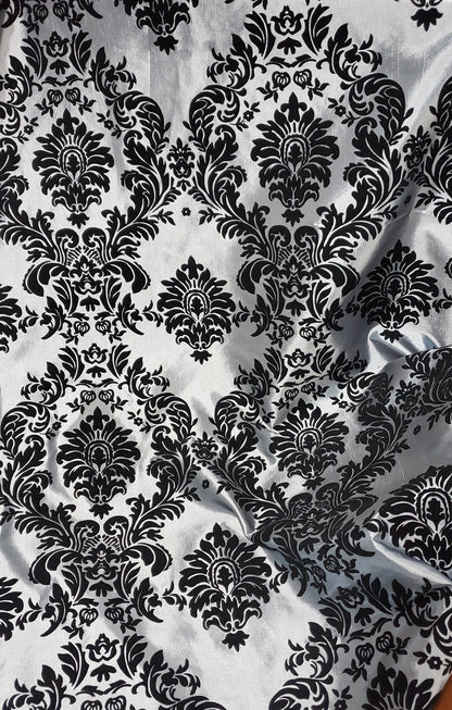 Taffeta Silver/ Black velvet Flocking Damask fabric per yard 60" wide ,Fabric by the Yard