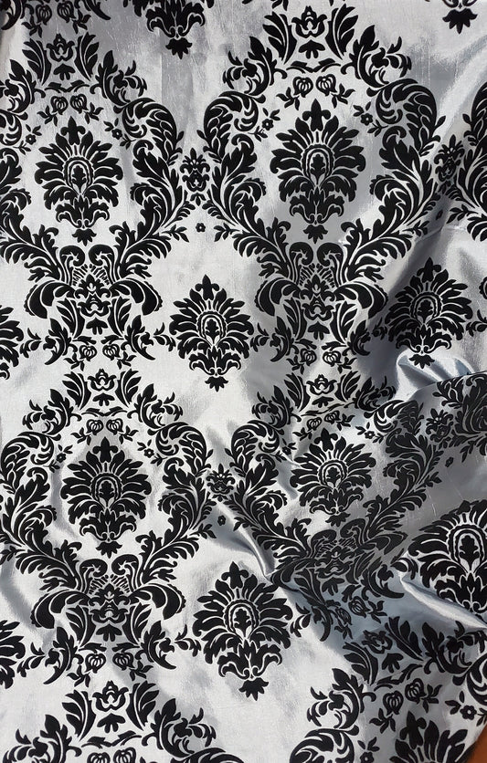 Taffeta Silver/ Black velvet Flocking Damask fabric per yard 60" wide ,Fabric by the Yard