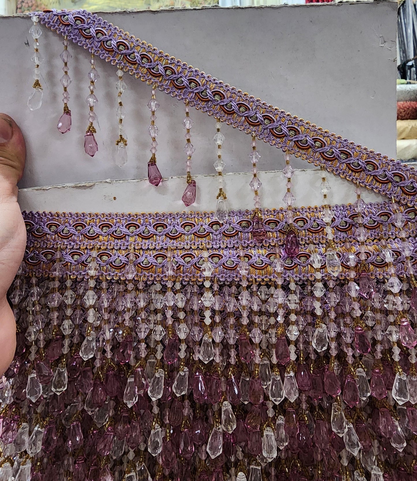 Braided Hanging Beads, Color lilac Tassel Trim Fringe Fabric Ribbon Trimming Handwork sold by yard