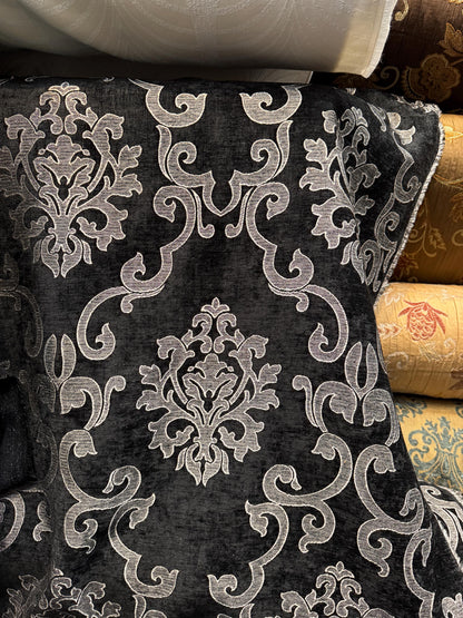 Chenille BAROQUE UPHOLSTERY Fabric Jacquard Damask, 58" wide ,color Black/Silver sold by yard in continuous yards