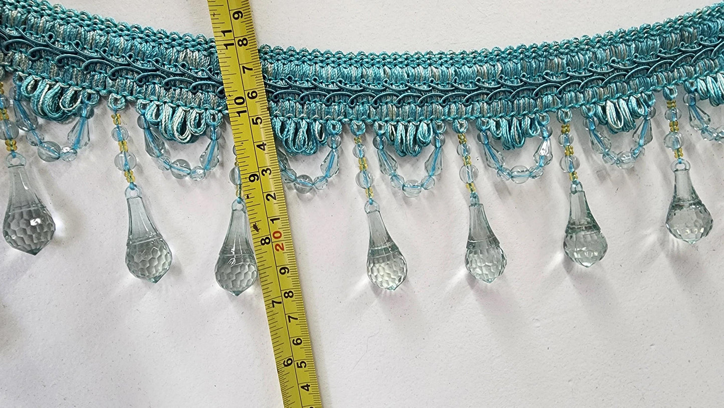 Beaded Trim Fringe 4'' L, W/Gimp Top Sold by The Yard - aqua blue Brand: ad fabric