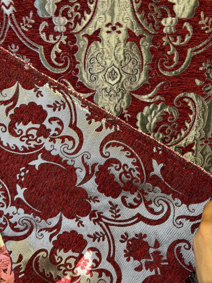 Chenille BAROQUE UPHOLSTERY Fabric Jacquard Damask, 58" wide ,color Red/Silver Reversible, sold by yard in continuous yards