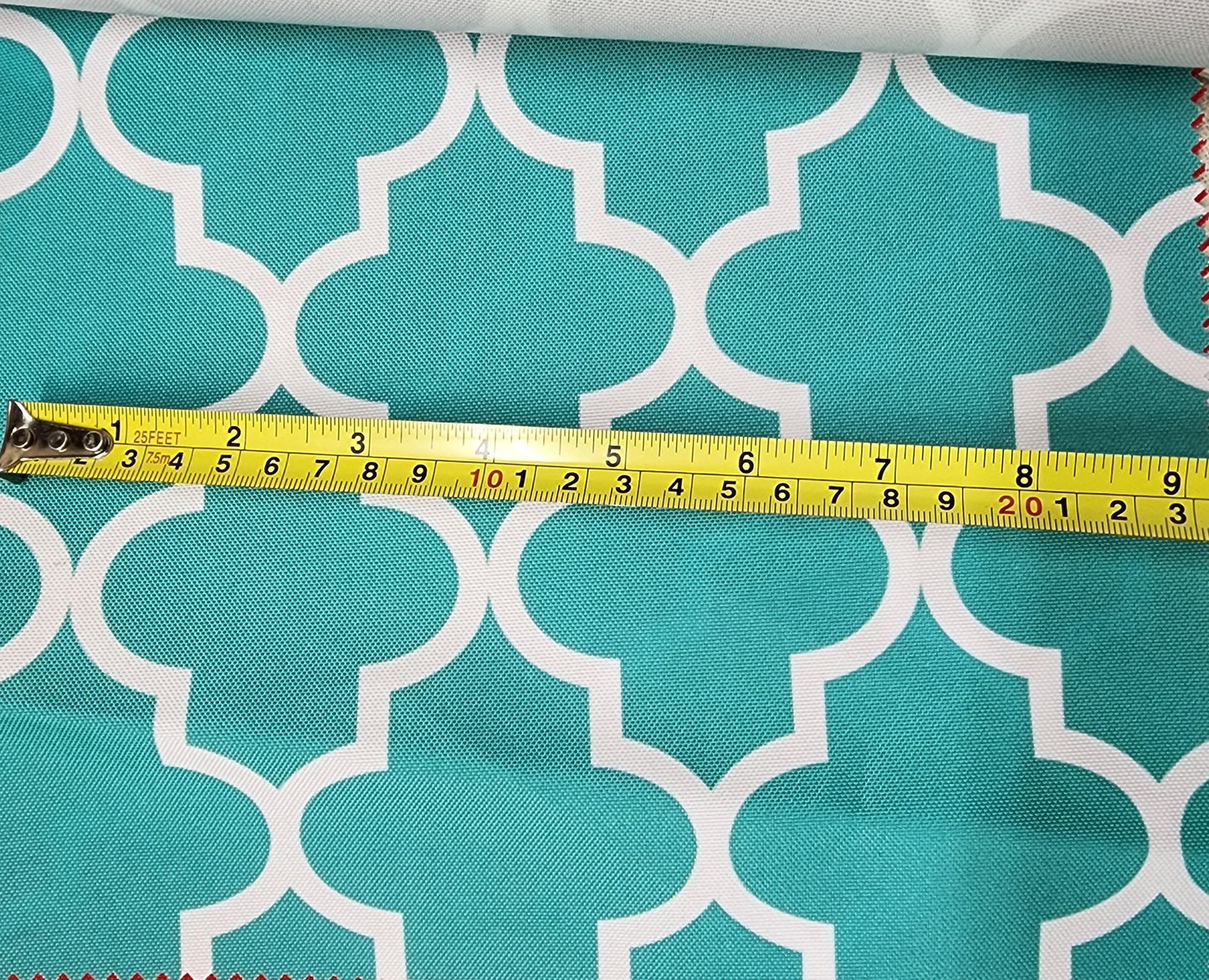 Outdoor Waterproof Upholstery Moroccan White on Aqua Canvas fabric 60" Wide