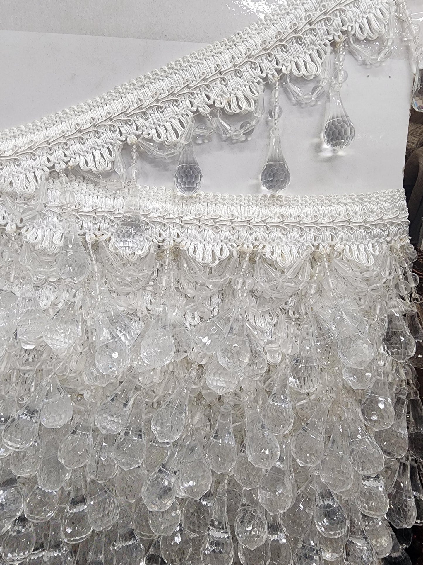 Beaded Trim Fringe 4'' L, W/Gimp Top Sold by The Yard - white color