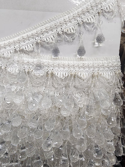 Beaded Trim Fringe 4'' L, W/Gimp Top Sold by The Yard - white color