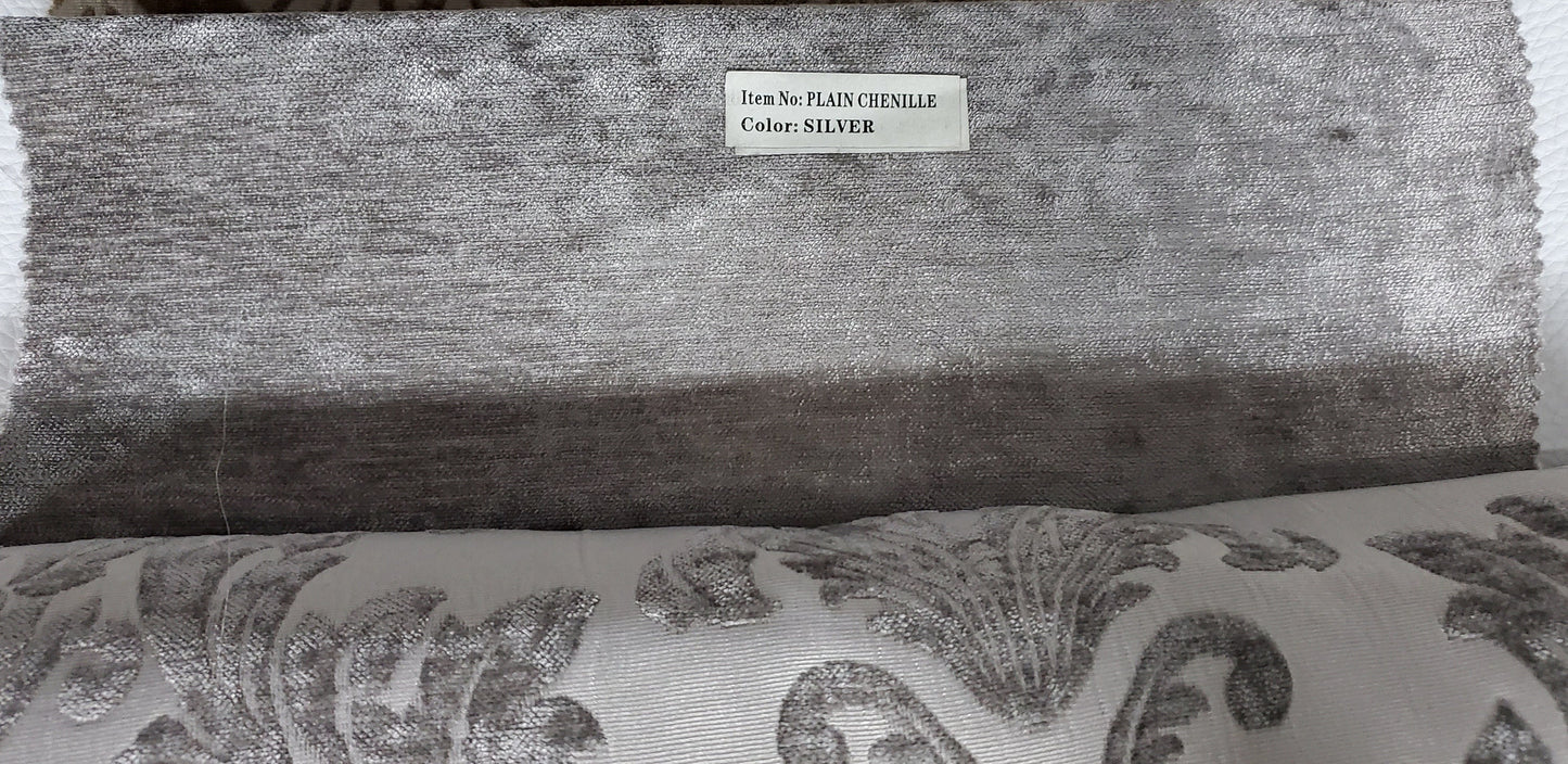Chenille Fabric Upholstery,  Damask Burnout Chenille Velvet ,Jacquard Damask, 54" wide, color Silver/silver sold by yard in continuous yards
