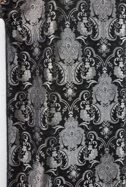 Chenille BAROQUE UPHOLSTERY Fabric Jacquard Damask, 58" wide ,color Silver/Black, sold by yard in continuous yards