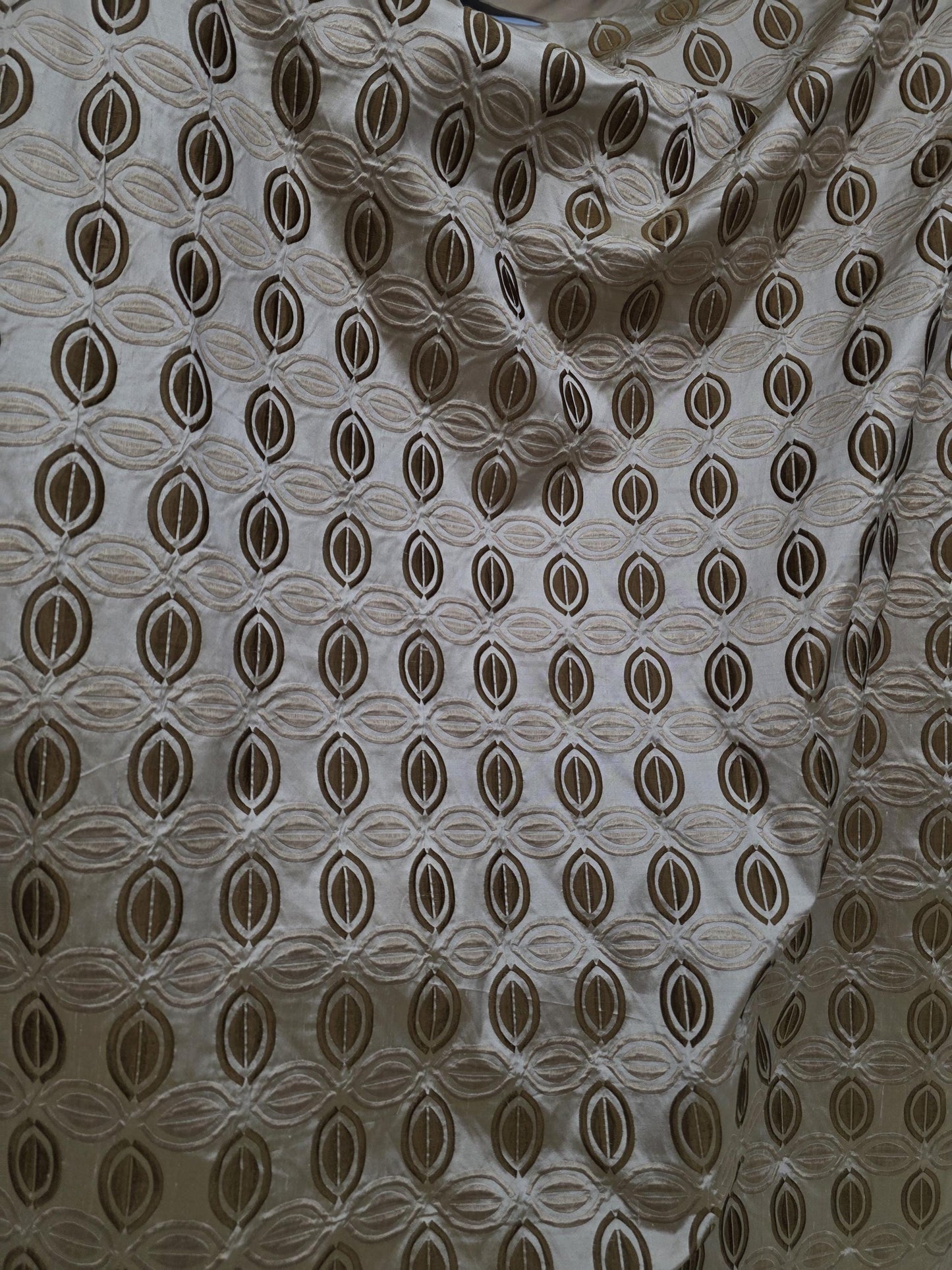 KRAVET, 100% Silk Taffeta Fabric Beige/Brown Embroidery, 54" wide, sold by yard