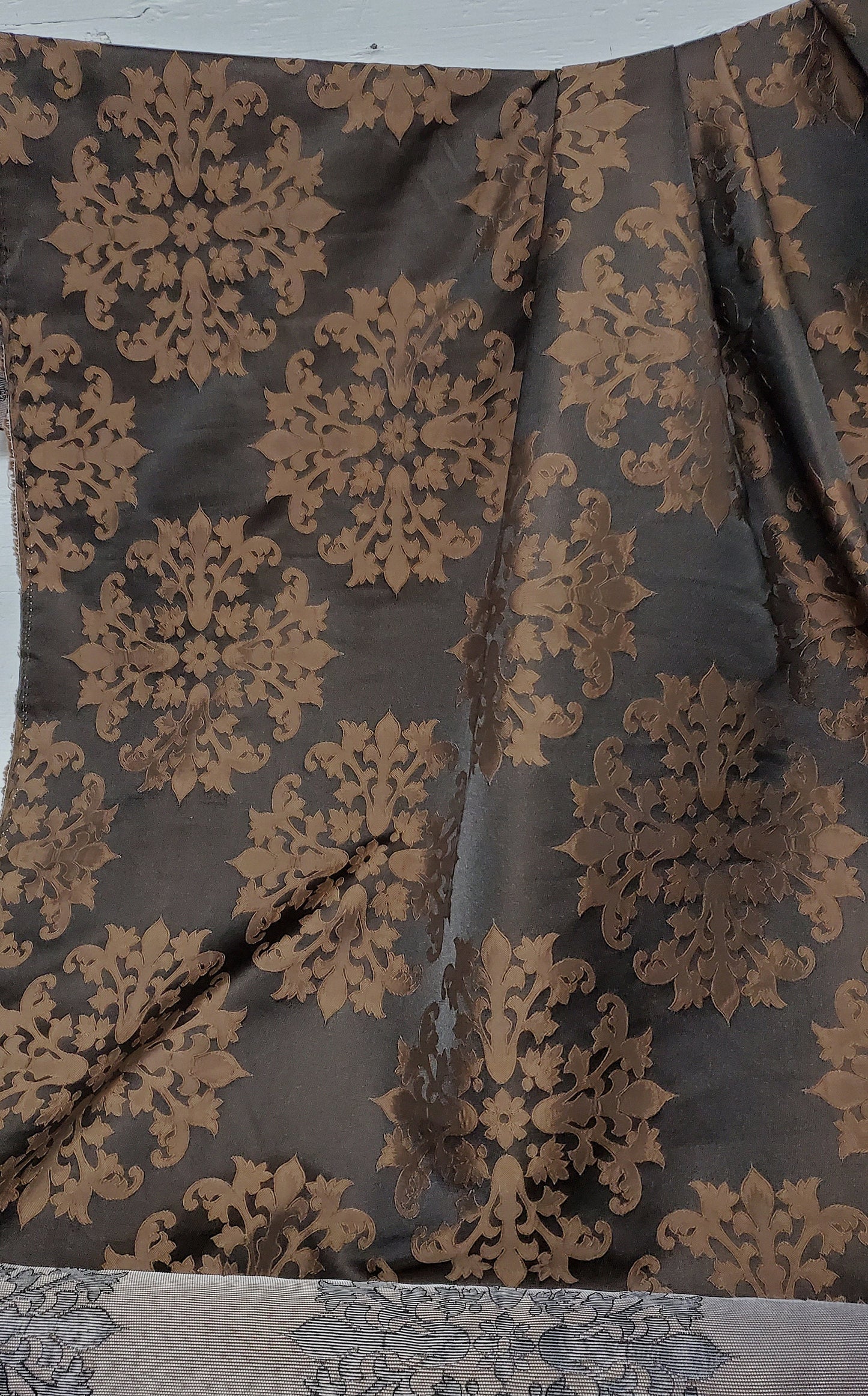 Satin Burnout Damask Drapery Upholstery Fabric, chocolate color, 54" wide, sold by yard