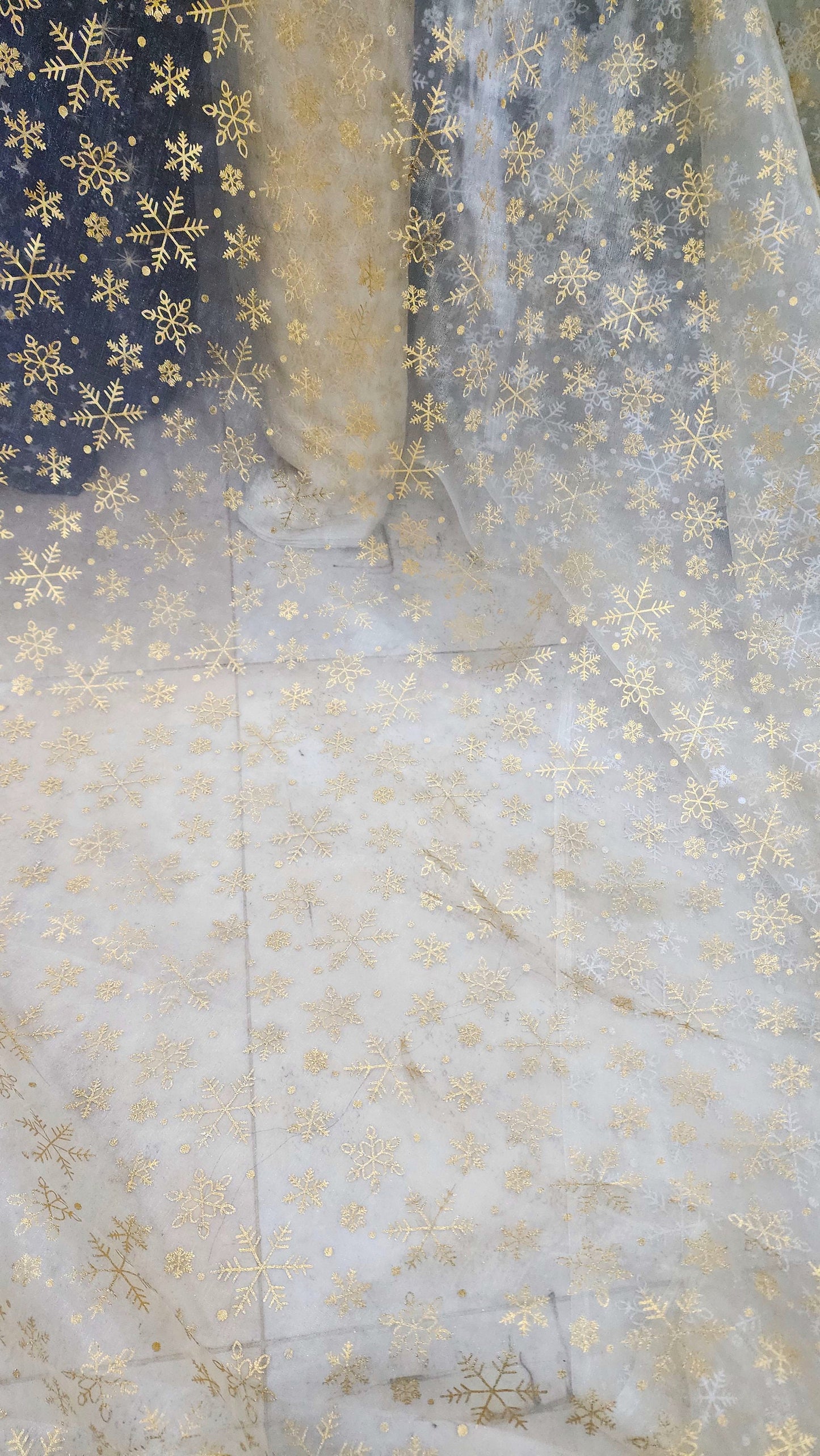 snowflakes Star Bursts Sheer Organza Gold 58" Inch Wide Fabric by The Yard