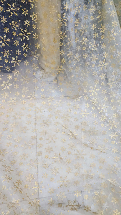 snowflakes Star Bursts Sheer Organza Gold 58" Inch Wide Fabric by The Yard