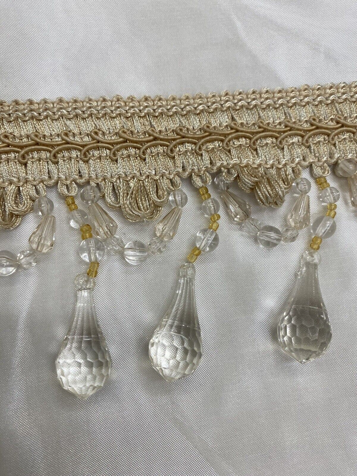 3.5” Tear Drop Beaded Trim Fringe Gimp Top Sold By The Yard Taupe / Clear Ivory Tassel Trim Fringe Fabric  for Decoration