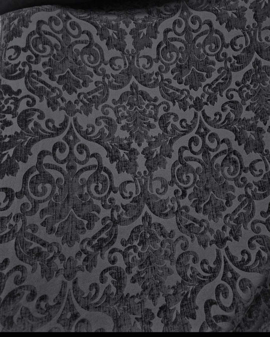 Chenille Fabric Upholstery,  Damask Burnout Chenille Velvet ,Jacquard Damask, 54" wide, color Black/Black , sold by yard in continuous yards