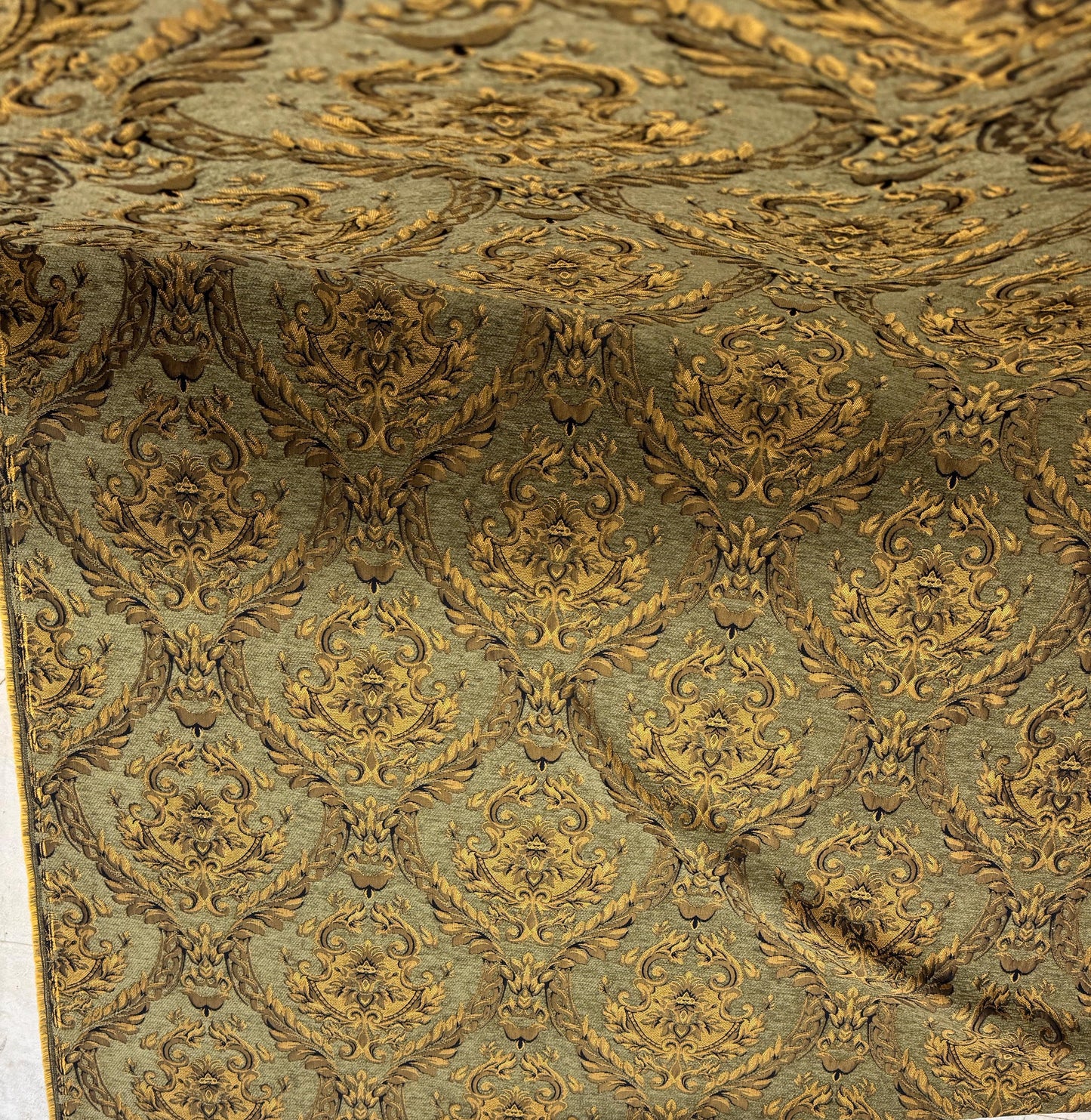 Chenille BAROQUE UPHOLSTERY Fabric Jacquard Damask, 58" wide ,color Sage green/gold, sold by yard in continuous yards