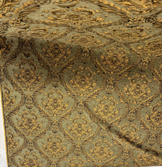 Chenille BAROQUE UPHOLSTERY Fabric Jacquard Damask, 58" wide ,color Sage green/gold, sold by yard in continuous yards