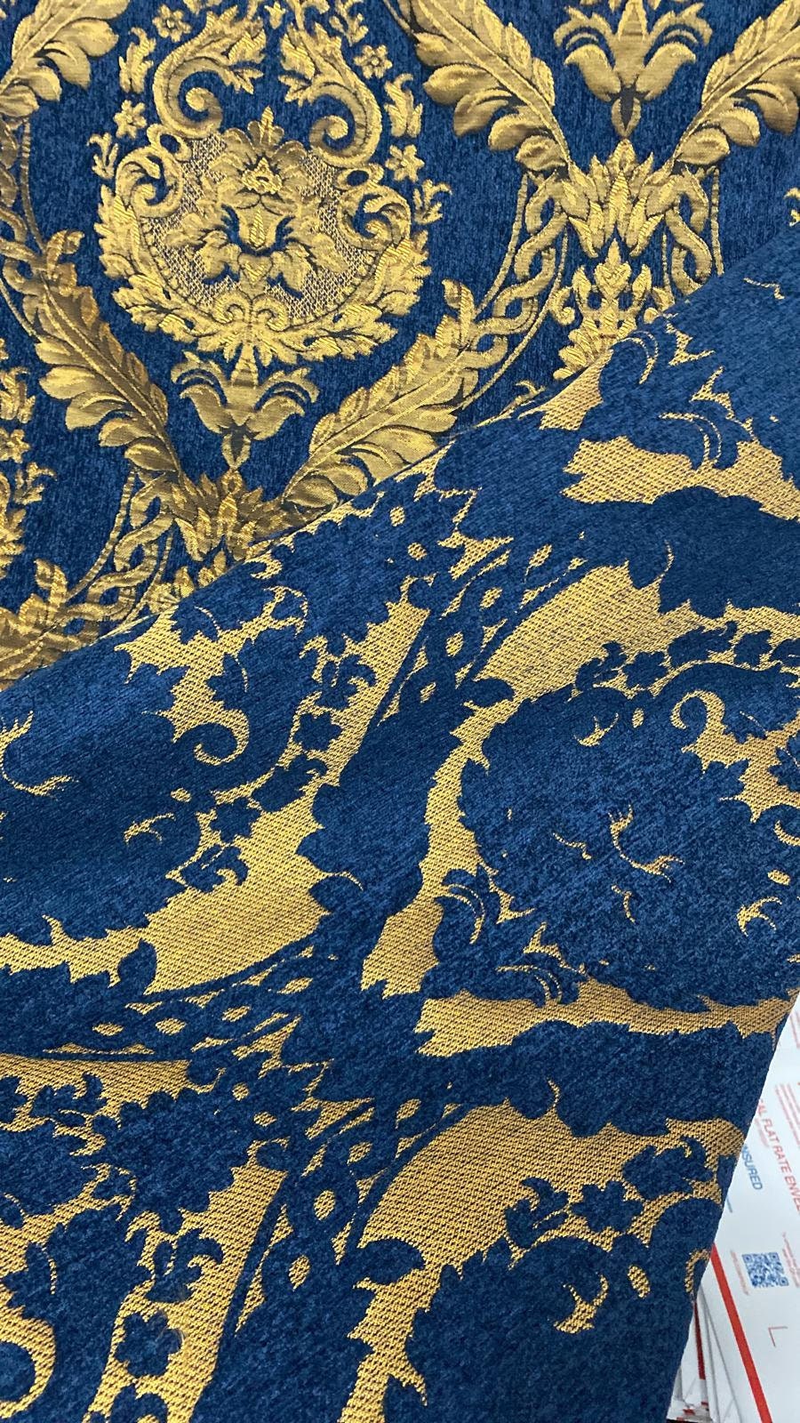 Damask chenille fabric - upholstery fabric, Blue/gold - 54" width - sold by yard