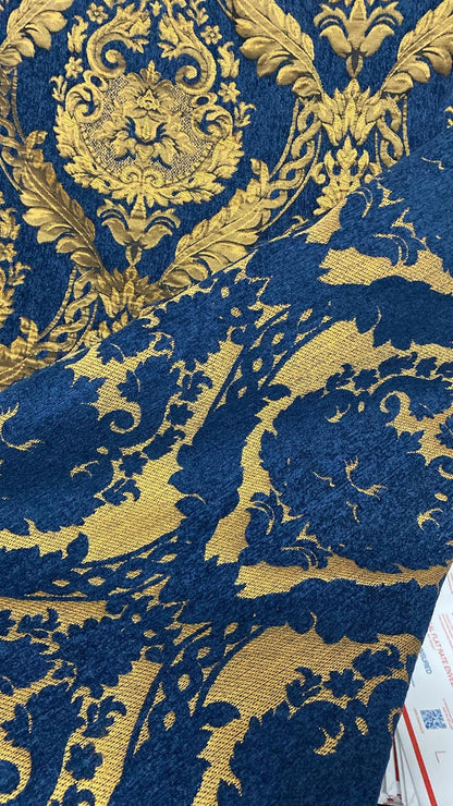 Damask chenille fabric - upholstery fabric, Blue/gold - 54" width - sold by yard
