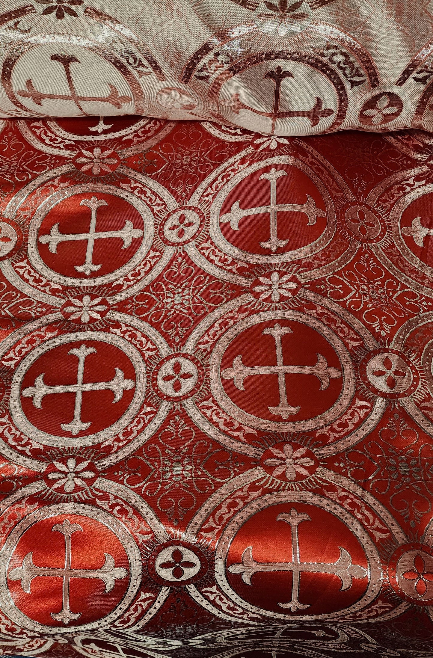 Liturgical Brocade,Church Gorgeous Cross acetatebrocade Fabric Cross Brocade Red/Silver  52" Wide