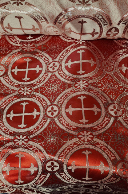 Liturgical Brocade,Church Gorgeous Cross acetatebrocade Fabric Cross Brocade Red/Silver  52" Wide