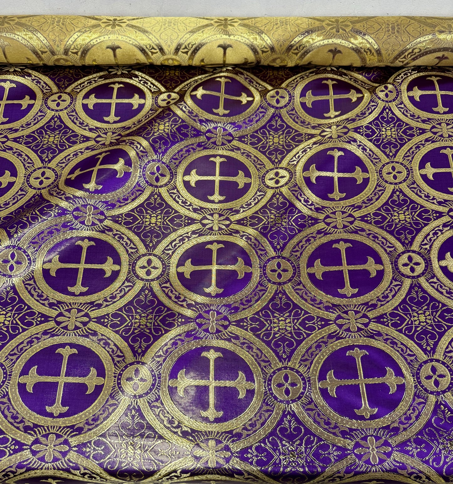 Liturgical Brocade,Church Gorgeous Cross acetatebrocade Fabric Cross Brocade Purple/Goldr 52" Wide