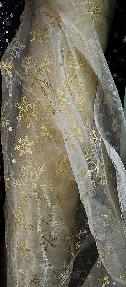 snowflakes Star Bursts Sheer Organza Gold 58" Inch Wide Fabric by The Yard