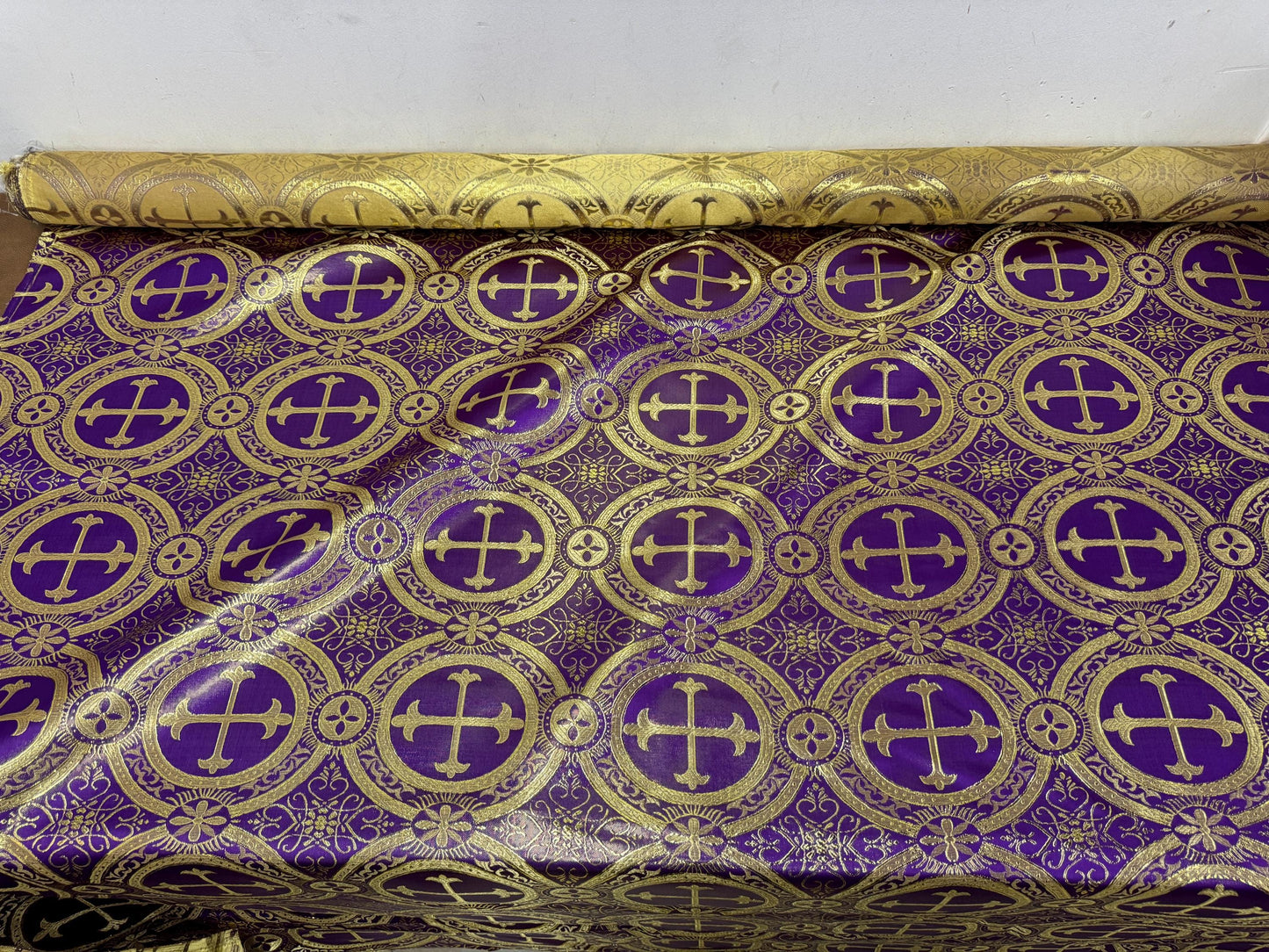 Liturgical Brocade,Church Gorgeous Cross acetatebrocade Fabric Cross Brocade Purple/Goldr 52" Wide