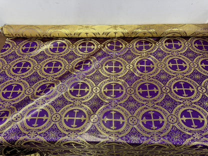 Liturgical Brocade,Church Gorgeous Cross acetatebrocade Fabric Cross Brocade Purple/Goldr 52" Wide