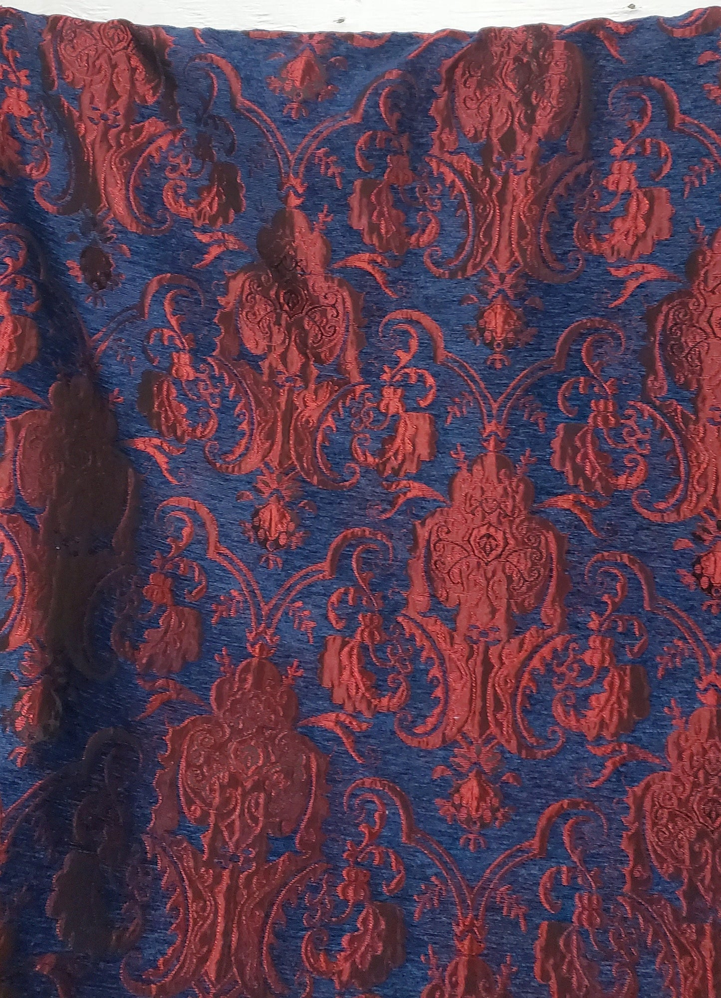 Chenille BAROQUE UPHOLSTERY Fabric Jacquard Damask, 58" wide ,color Blue/Red sold by yard in continuous yards
