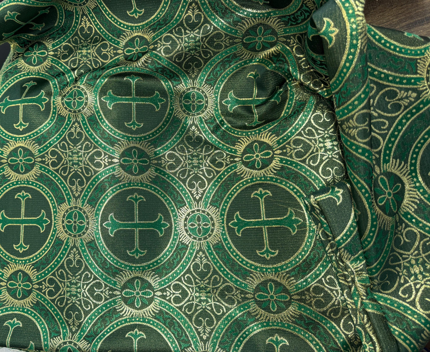 Liturgical Brocade,Church Gorgeous Cross acetate brocade Fabric Cross Brocade Hunter Green/Gold 58" Wide