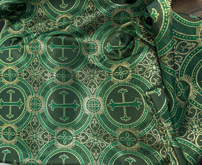 Liturgical Brocade,Church Gorgeous Cross acetate brocade Fabric Cross Brocade Hunter Green/Gold 58" Wide