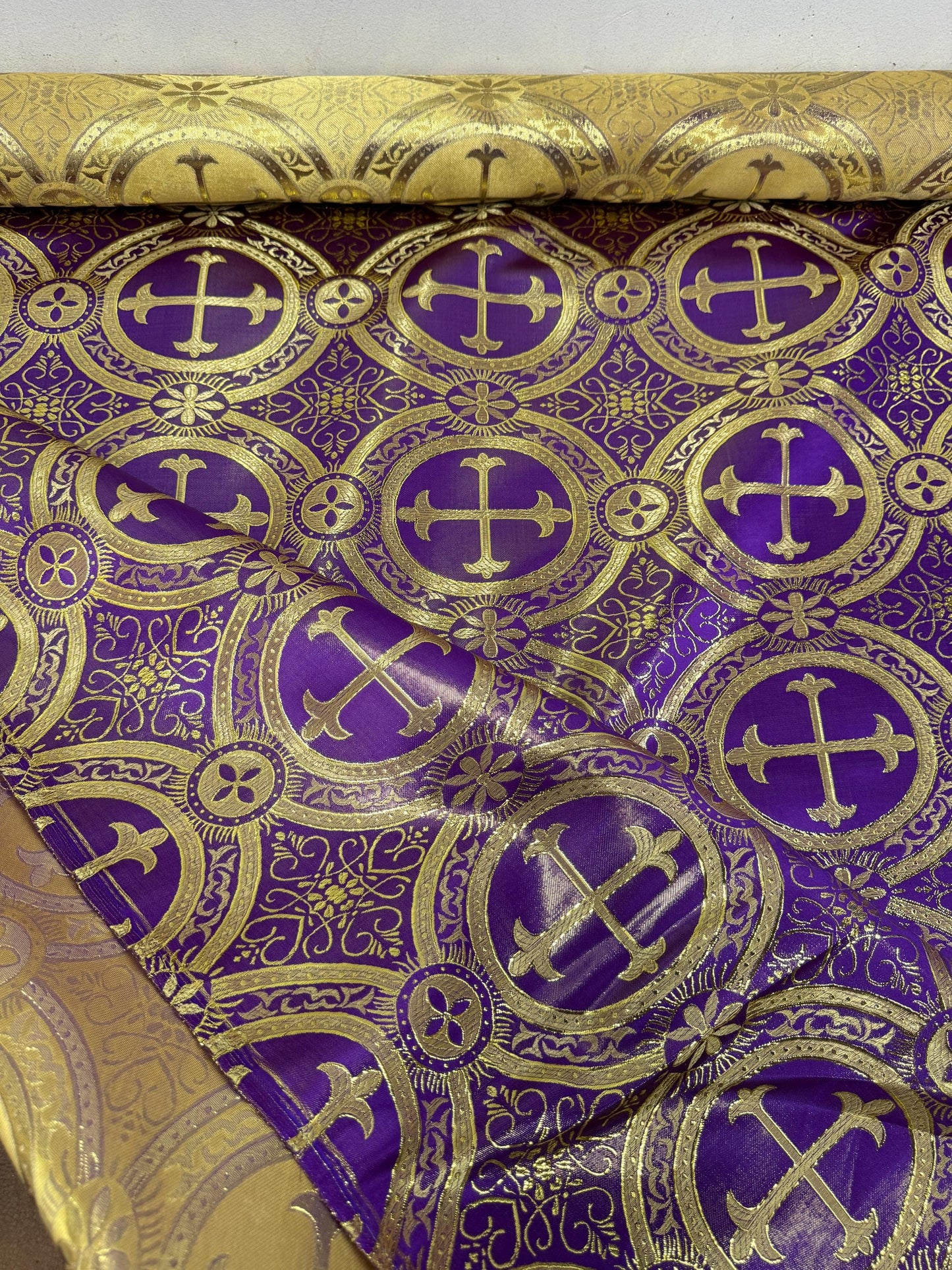 Liturgical Brocade,Church Gorgeous Cross acetatebrocade Fabric Cross Brocade Purple/Goldr 52" Wide