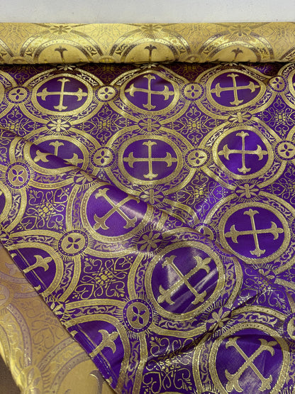 Liturgical Brocade,Church Gorgeous Cross acetatebrocade Fabric Cross Brocade Purple/Goldr 52" Wide