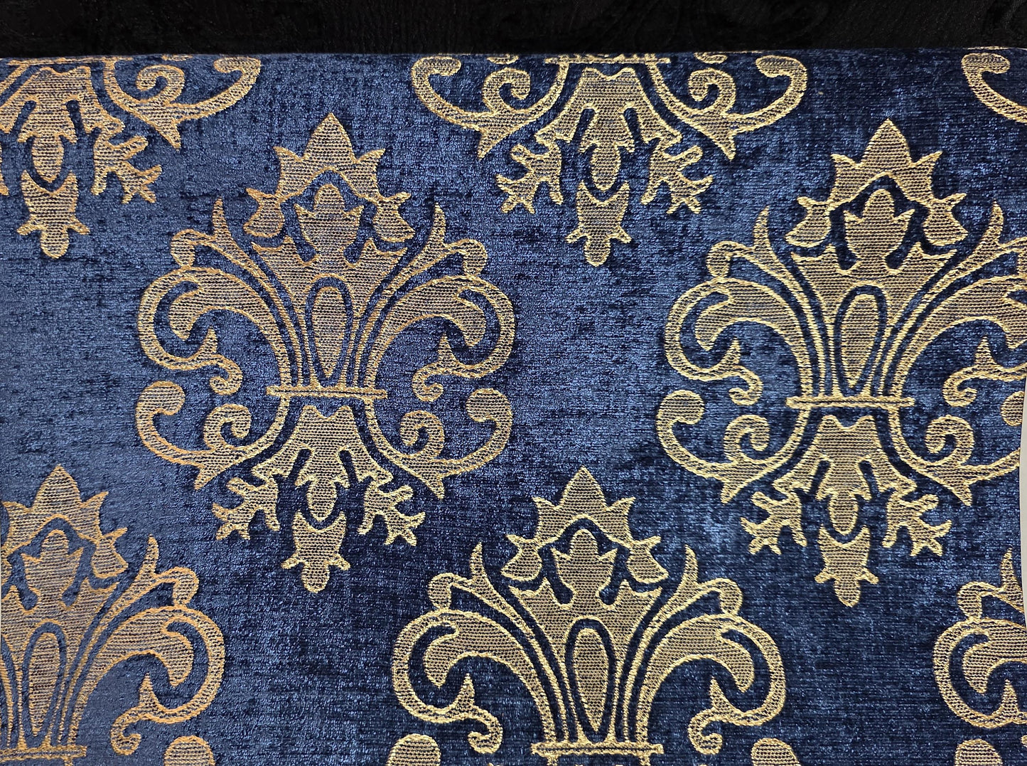 Chenille BAROQUE UPHOLSTERY Fabric Jacquard Damask, reversible, 54" wide ,color Blue/champagne, sold by yard in continuous yards