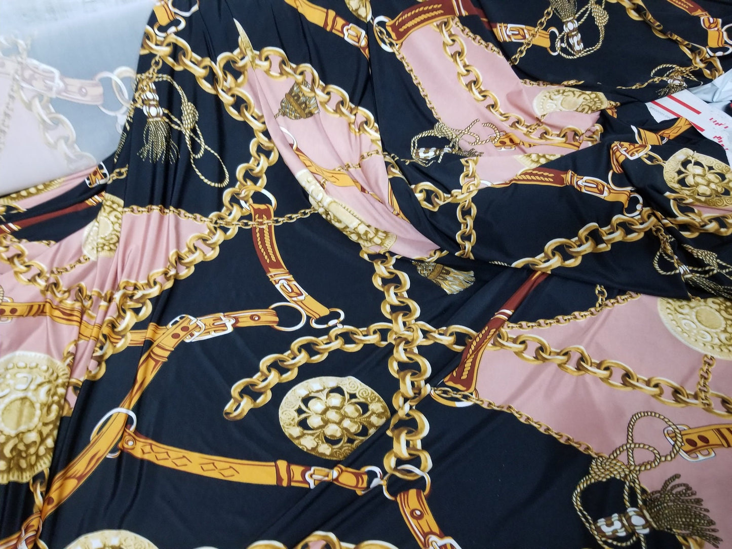 2 Way Stretch DTY Sided Brushed, Chains, Mauve/Black Print Design Poly Spandex  58" wide, sold by yard in continuous yards