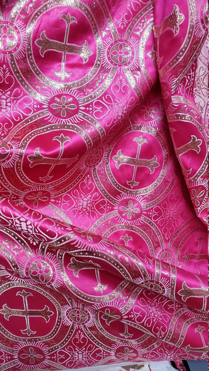Liturgical Brocade,Church Gorgeous Cross acetatebrocade Fabric Cross Brocade Fuschia/Gold 52" Wide